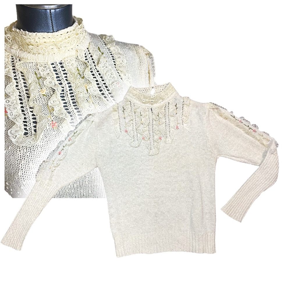 Vintage Ricki New York Cream Lace Trim Turtleneck Sweater Lolita Coquette Top